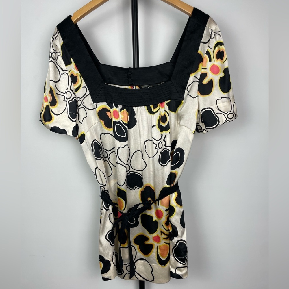 Y2K 2000s Guess Floral Silk Blend Square‎ Neck Short Sleeve Blouse